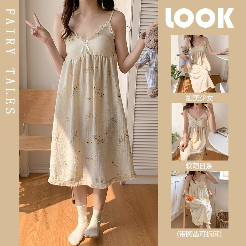 Cross-Border Pajamas Summer Pure Desire Style Bubble Cotton Slip Nightdress Female Sweet Cute with Chest Pad Home Wear Can Be Worn outside