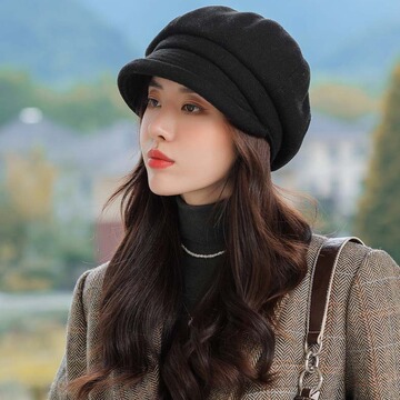秋冬新款毛呢帽女士纯色鸭舌帽复古加厚贝雷帽日系卷边保暖帽子潮