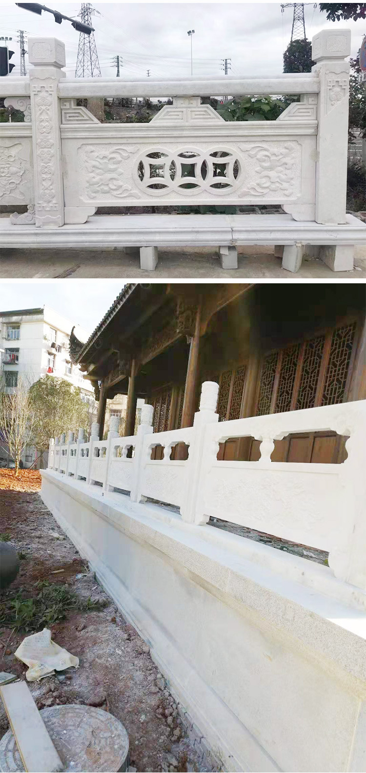 镂空石雕栏板圆形祥云柱头花岗岩栏杆图片 青石石栏杆多少钱一米