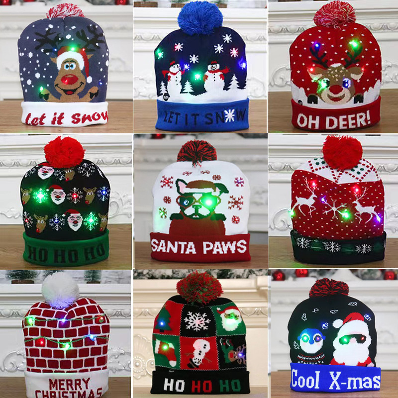 Christmas Hat Colorful Luminous Adult Children Hat Autumn and Winter Needle Wool Hat Party Christmas Decorations Gift