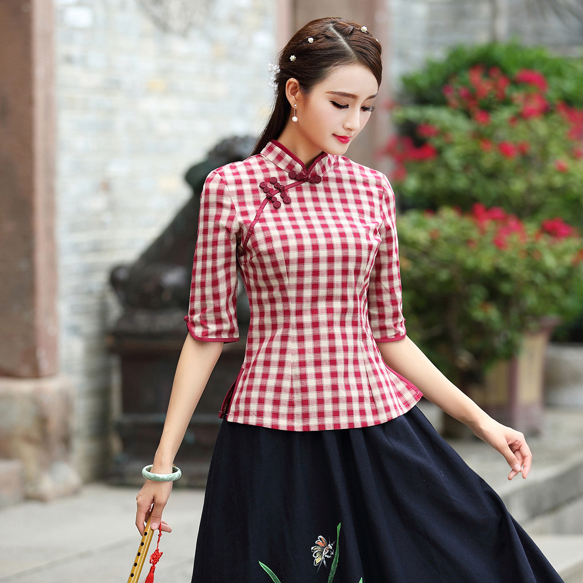 2022新款春夏女款唐装上衣民国风格子套装改良复古学院风旗袍上衣