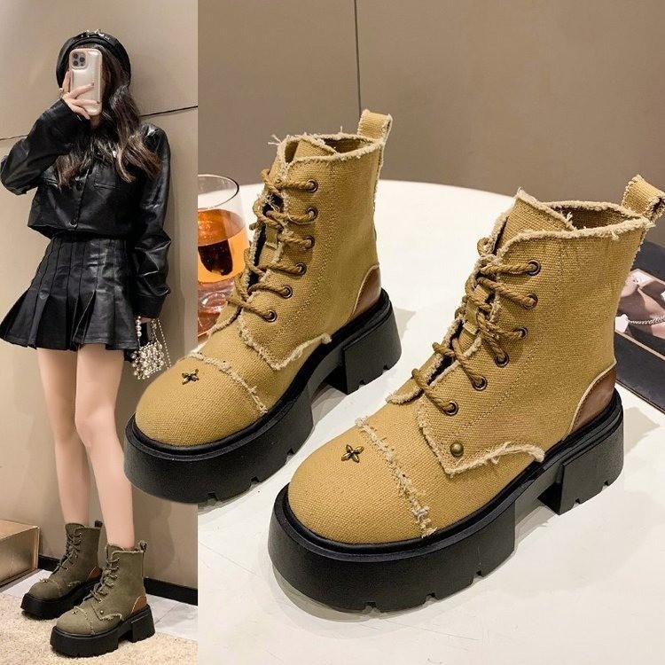 2023秋冬沙漠大黄靴厚底增高马丁靴中帮布面短靴机车靴女圆头系带