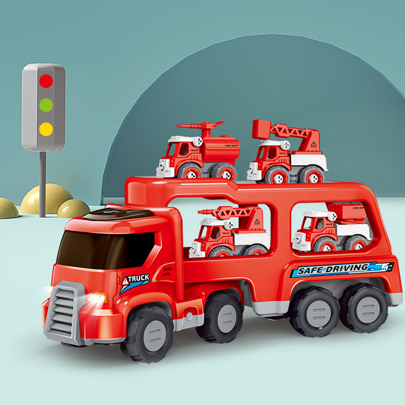 跨境英文组装惯性运输消防车模型套装男孩大号双层儿童玩具车耐摔