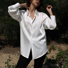 【YQGFS】白色绸缎长袖衬衫女高级感2023新款设计感韩版宽松衬衣