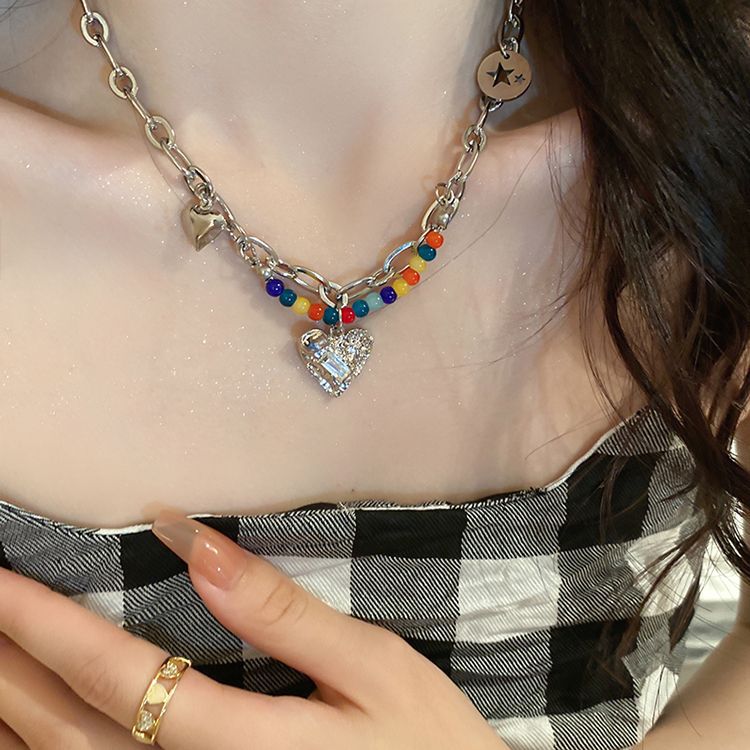 Sweet Cool Girl ~ Colorful Beaded Love Necklace Female Ins Trendy Special-Interest Design Light Luxury High-Grade All-Match Clavicle Chain