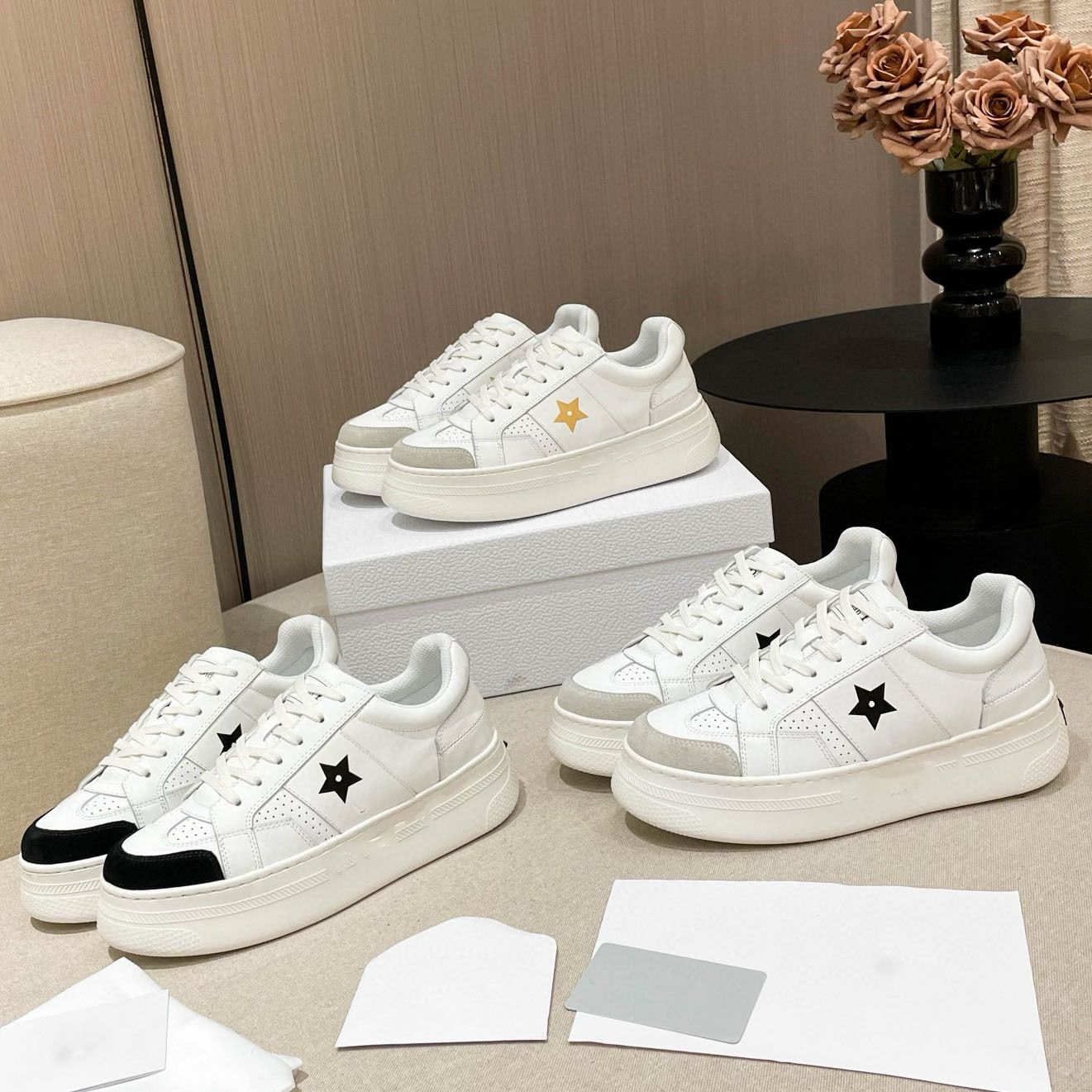 d星星厚底小白鞋2024新款牛皮松糕运费鞋休闲系带潮牌板增高鞋女