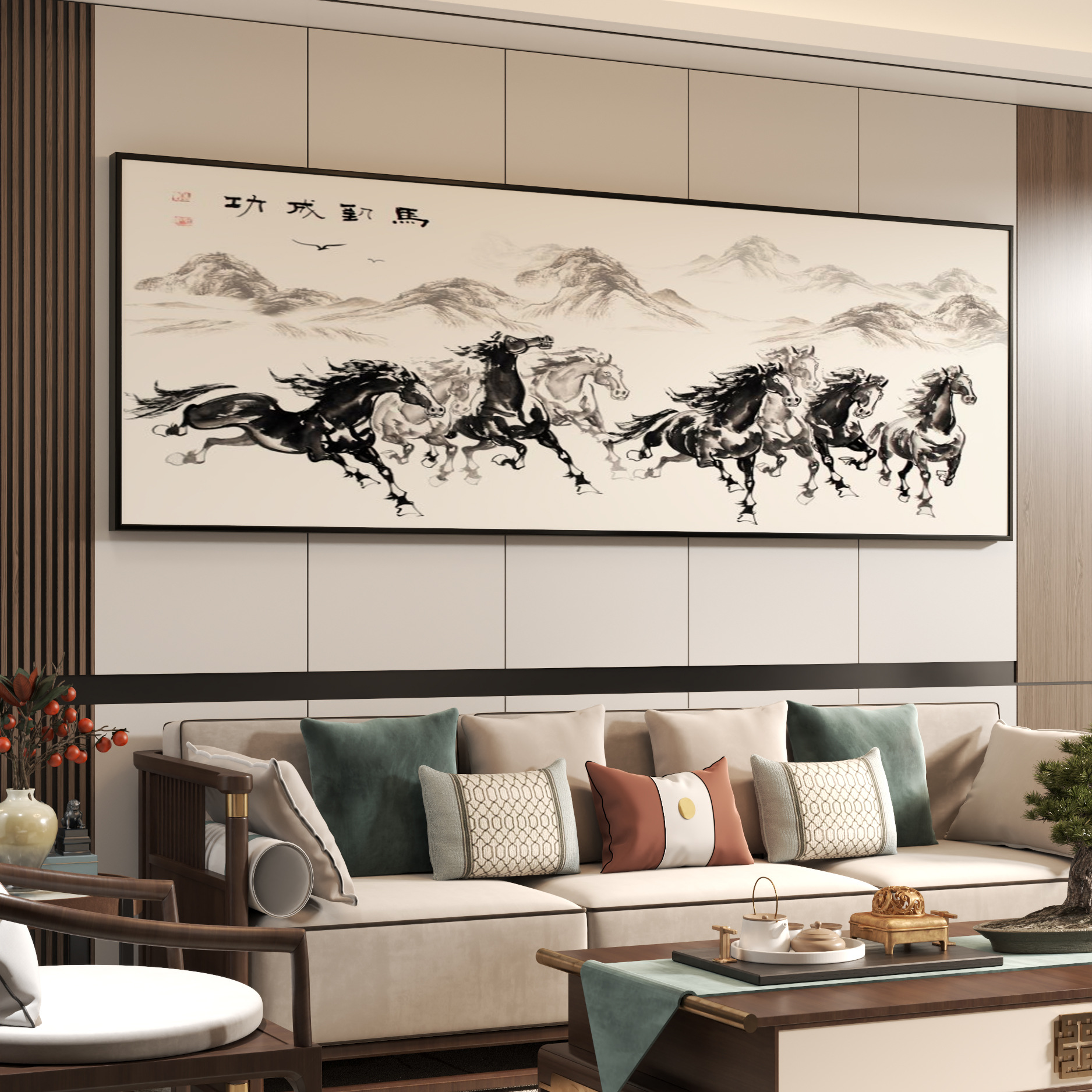 新中式装饰画八骏马图客厅办公茶室饭酒店会所包房间沙发背景挂画