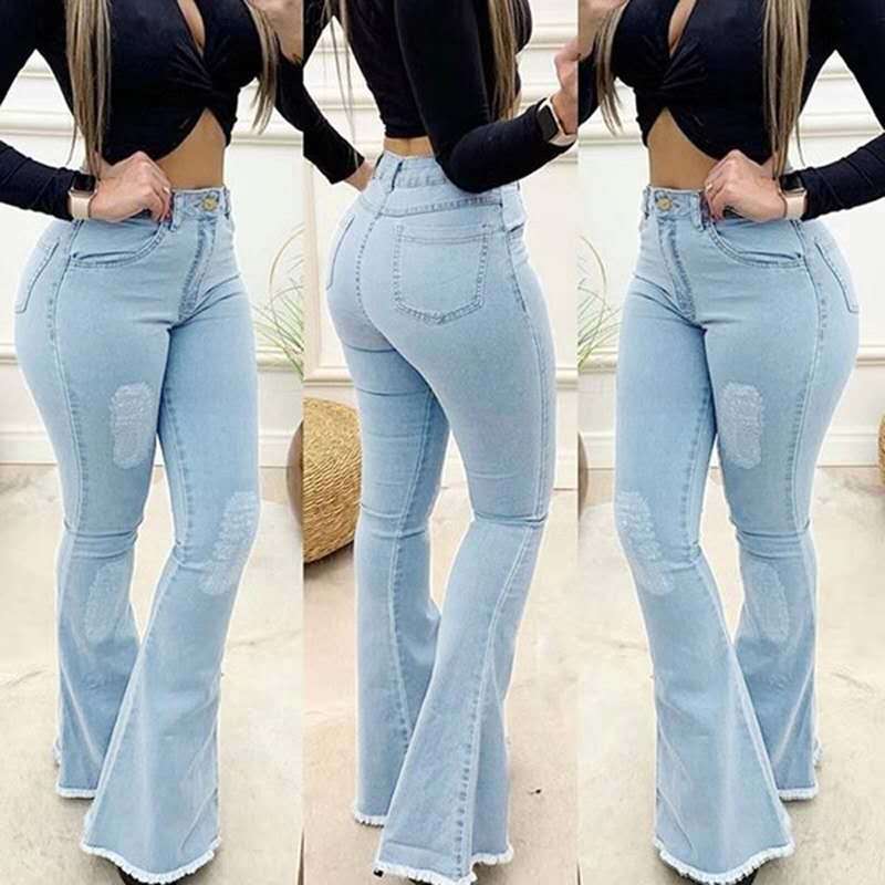   Exclusive for Cross-Border Wish Amazon Hot Selling Women's Jeans Solid Color Slim Fit Sexy High Waist Flared Pants Women's Pants