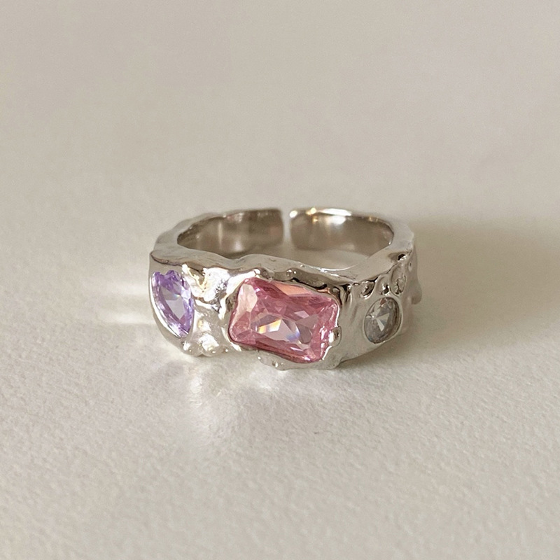 Pink Zircon Ring Collection ~ High Sense Bling Open Ring Female Special-Interest Design 2023 New Index Finger Ring