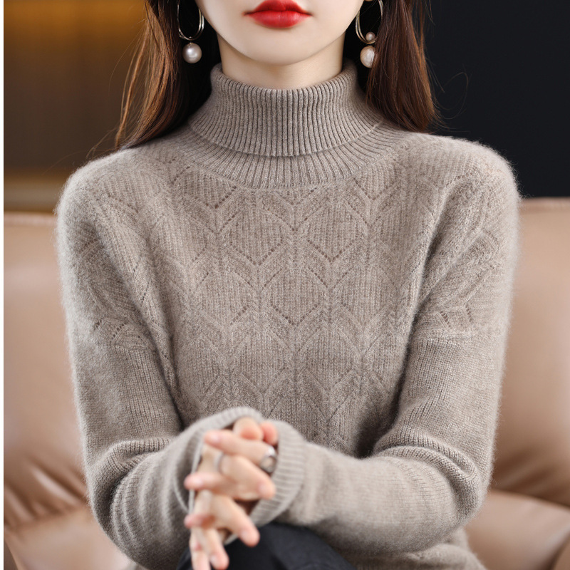 纯羊绒衫女高翻领加厚套头羊毛衫纯色镂空打底衫长袖宽松毛衣秋冬