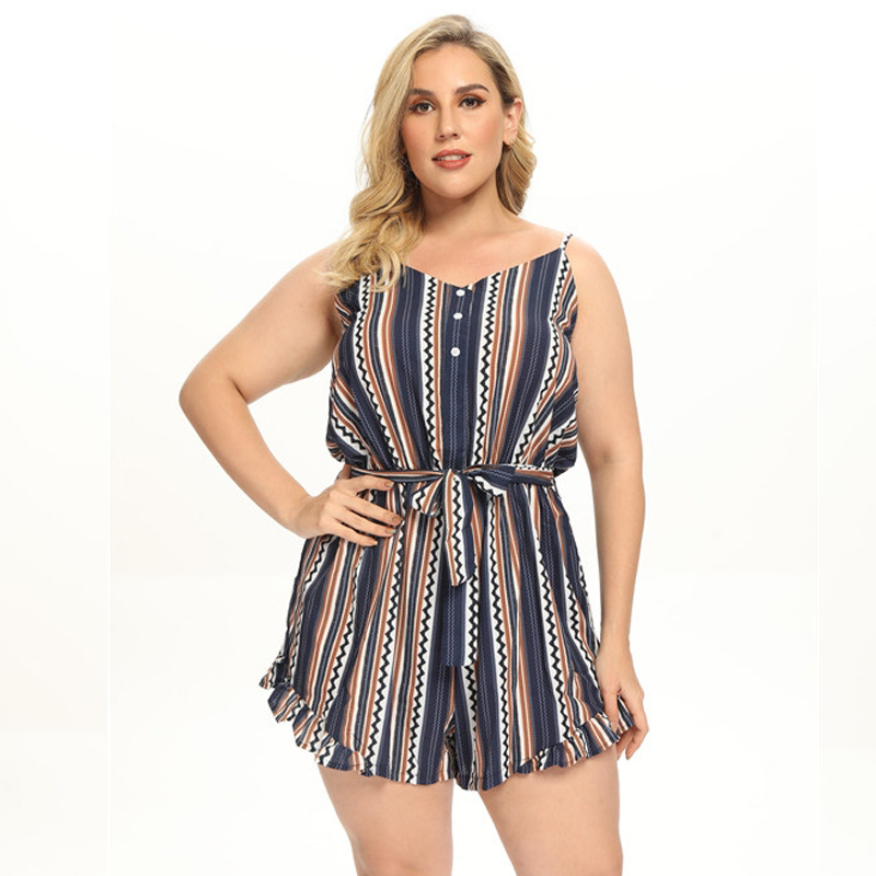 欧美跨境速卖通大码女装胖mm200斤印花连体裤女 宽松条纹连体短裤