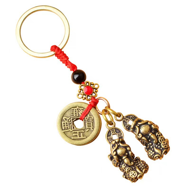 Brass Hollow Calabash Keychain Double Pixiu Key Pendants Pure Copper Five Emperors Copper Coins Key Chain Gift Hanging Ornaments