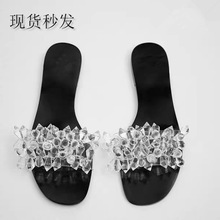 欧美夏季ZA新款女鞋透明色串珠镶饰透明平底凉鞋外穿仙女气质拖鞋