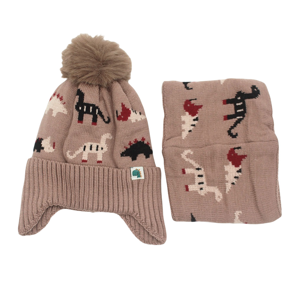cross-border hot two-piece cartoon dinosaur jacquard children‘s knitted hat hat scarf fleece-lined thickened earflaps woolen cap