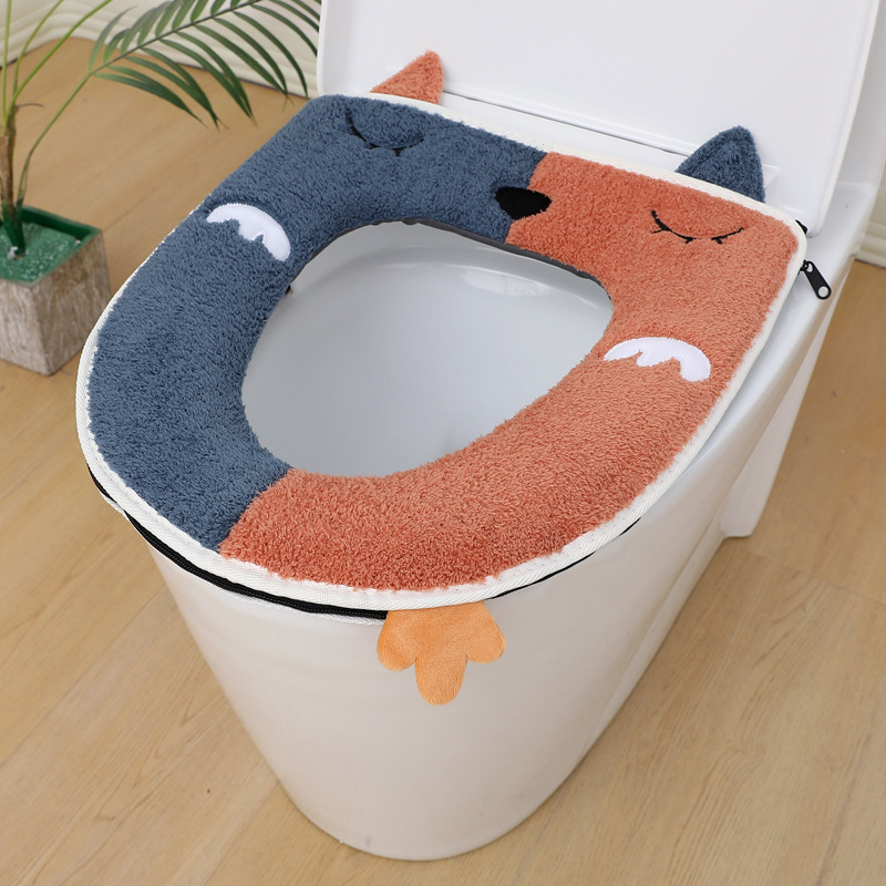 Zipper Toilet Mat Wholesale Winter Fleece-lined Thickened Household Waterproof Cartoon Washed Toilet Knitted Toilet Cushion