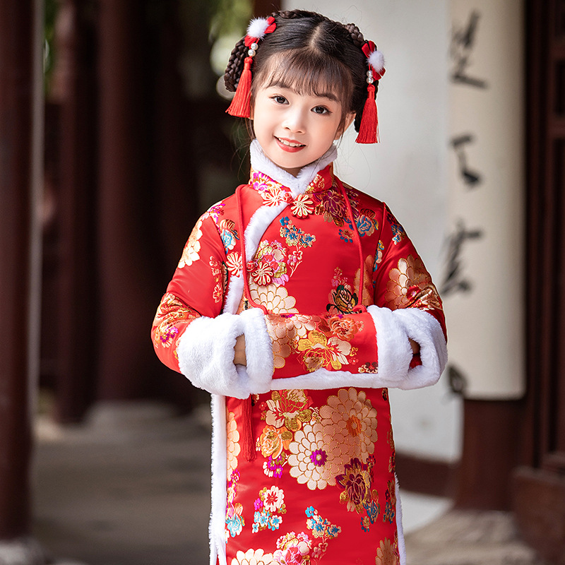 儿童旗袍冬季宝宝夹棉加厚拜年服女童中国风复古花朵汉服唐装送包