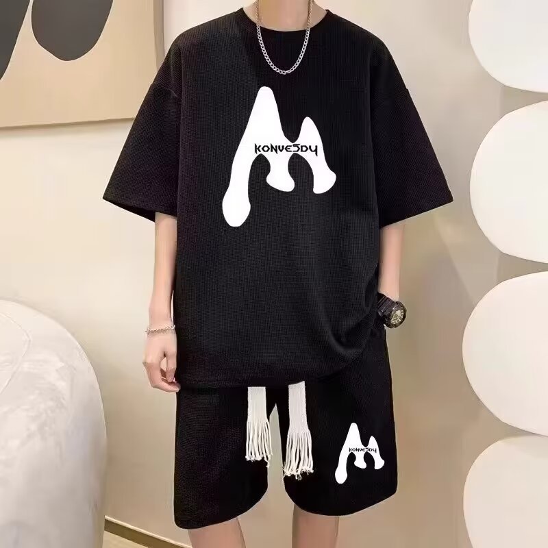 Short-Sleeved T-shirt Men's Sports Leisure Suit 2024 Summer Japanese Waffle Suit Ins Hong Kong Style Two-Piece Suit Fashion