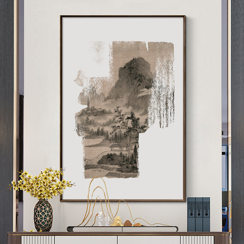 新中式禅意山水装饰画软装样板房小幅挂画入户玄关书房茶室壁画
