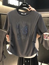 东大门腰部捏褶花蝴蝶珠片T恤女2023年夏季新款时尚小众气质上衣