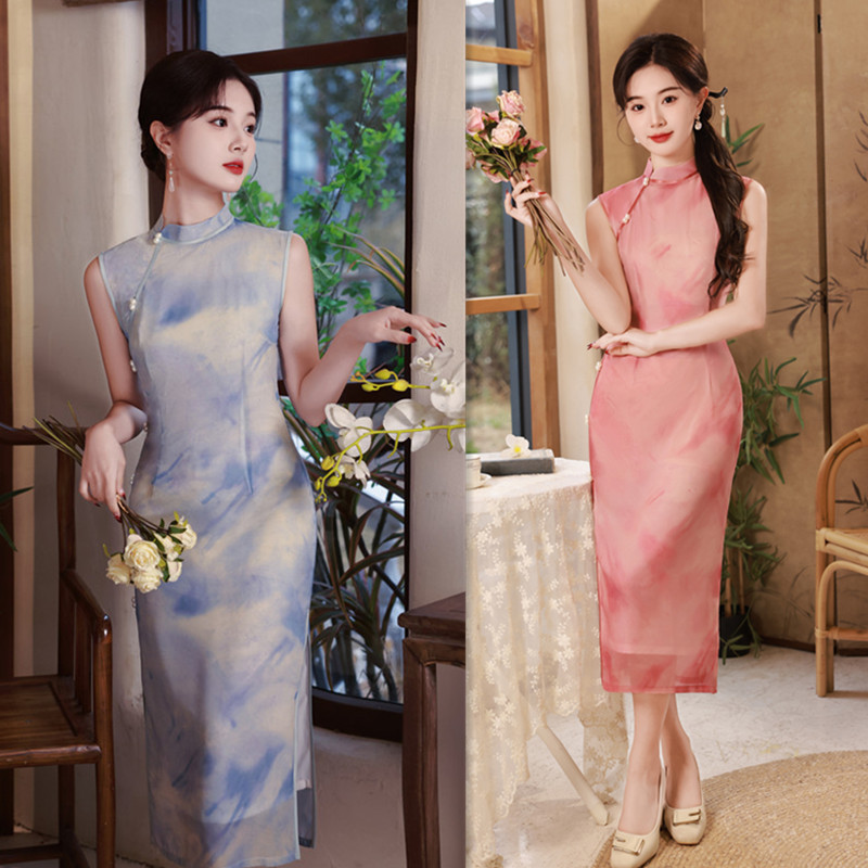 艾旗绣时尚改良年轻少女款长款无袖旗袍2024春夏新款现代国风旗袍