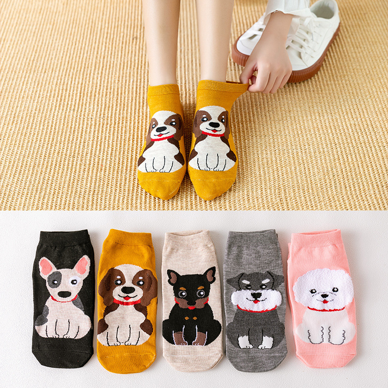 New Cartoon Straight Boat Socks Korean Style Cartoon Cats and Dogs Pattern Socks Female Personality Cotton Socks in Stock Wholesale