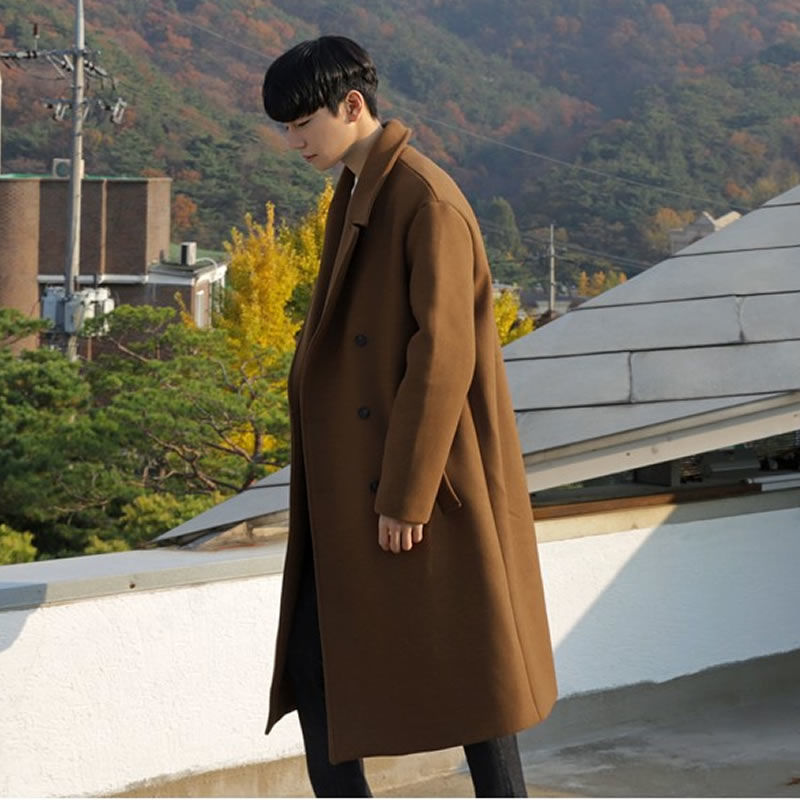 冬季毛呢大衣男长款过膝宽松羊绒风衣男韩版潮流棕色双排呢子外套
