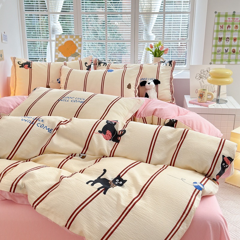 Ins New Class a Bubble Cotton Four-Piece Set Xiao Zhu Cotton Student Dormitory Three-Piece Set Bed Sheet Quilt Cover Bedding