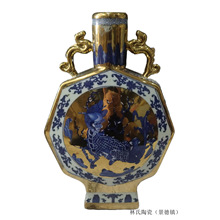 景德镇陶瓷现代釉里红鎏金麒麟纹包月扁瓶装饰品摆件博古架可加工