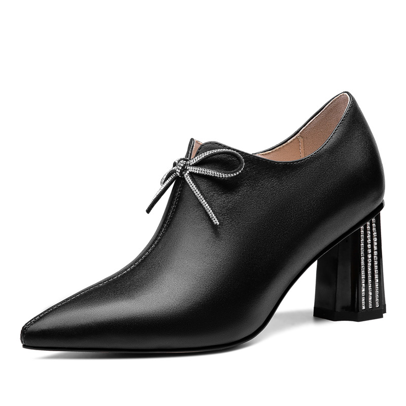 优雅女鞋单鞋秋冬季新款鞋子尖头粗跟高跟鞋蝴蝶结拉链罐罐鞋裸靴