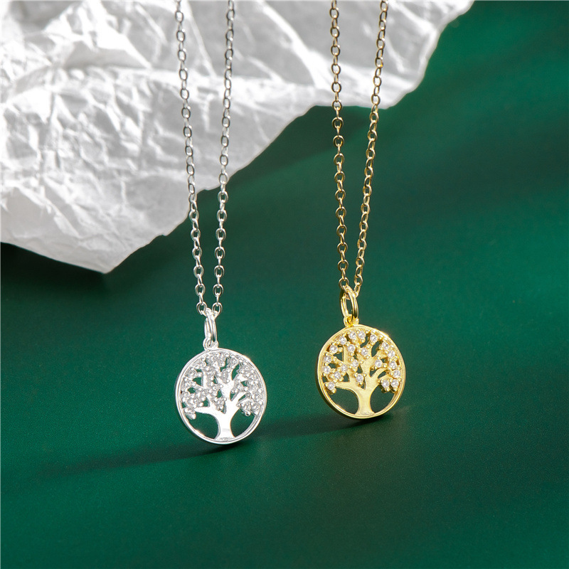 s925纯银微镶锆石闪亮生命树吊坠项链女韩版时尚锁骨链银饰品批发