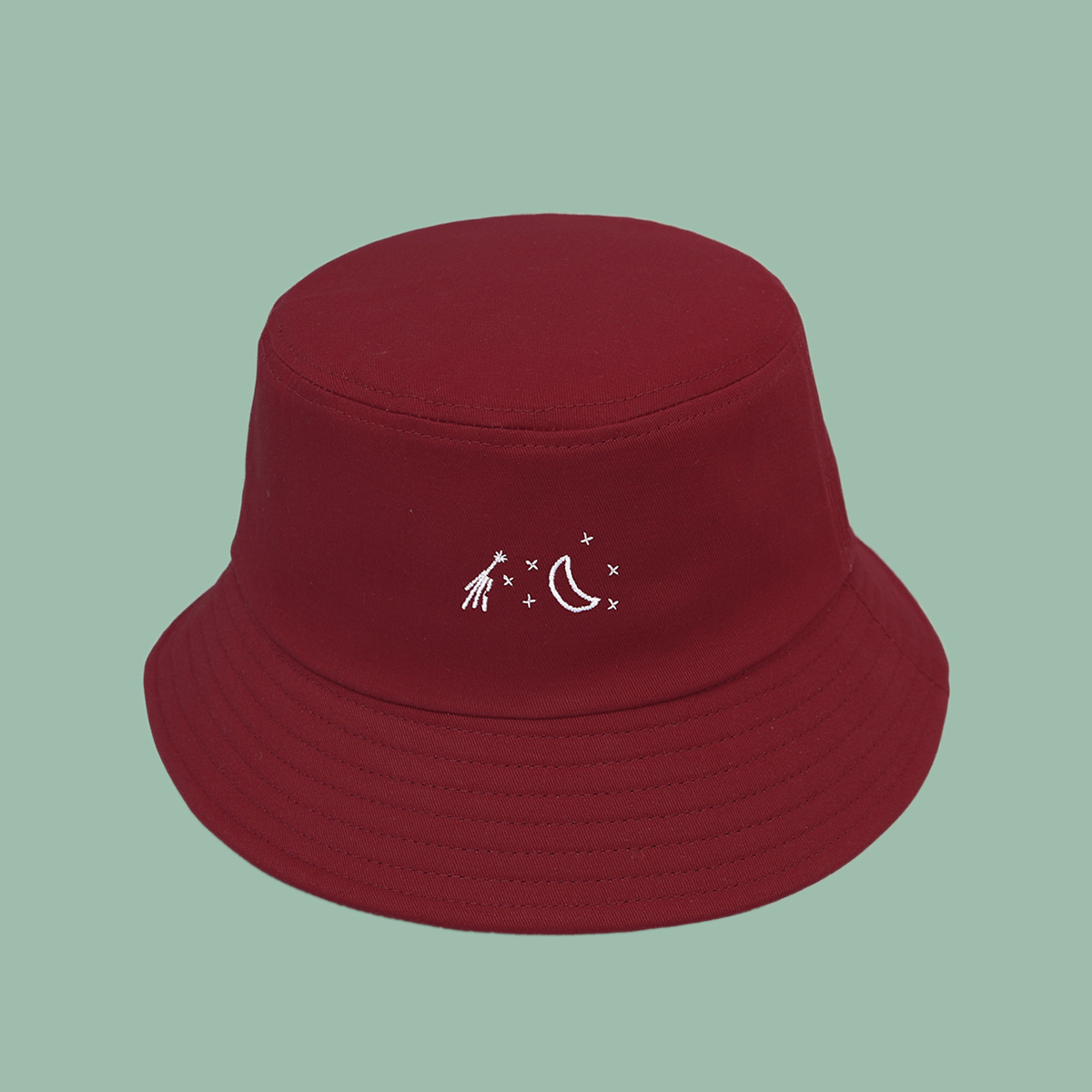 酒红色帽子女新款刺绣恒星月亮渔夫帽韩版宽檐遮阳百搭休闲盆帽男