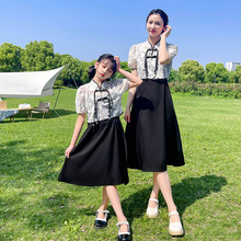 夏季母女亲子装短袖雪纺裙套装2023夏季新款韩版洋气复古两件套潮