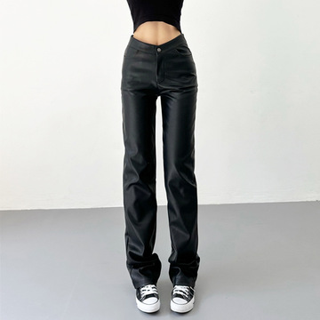 欧美新款v字腰头气质黑皮裤女早春高腰直筒裤百搭显瘦pu皮长裤