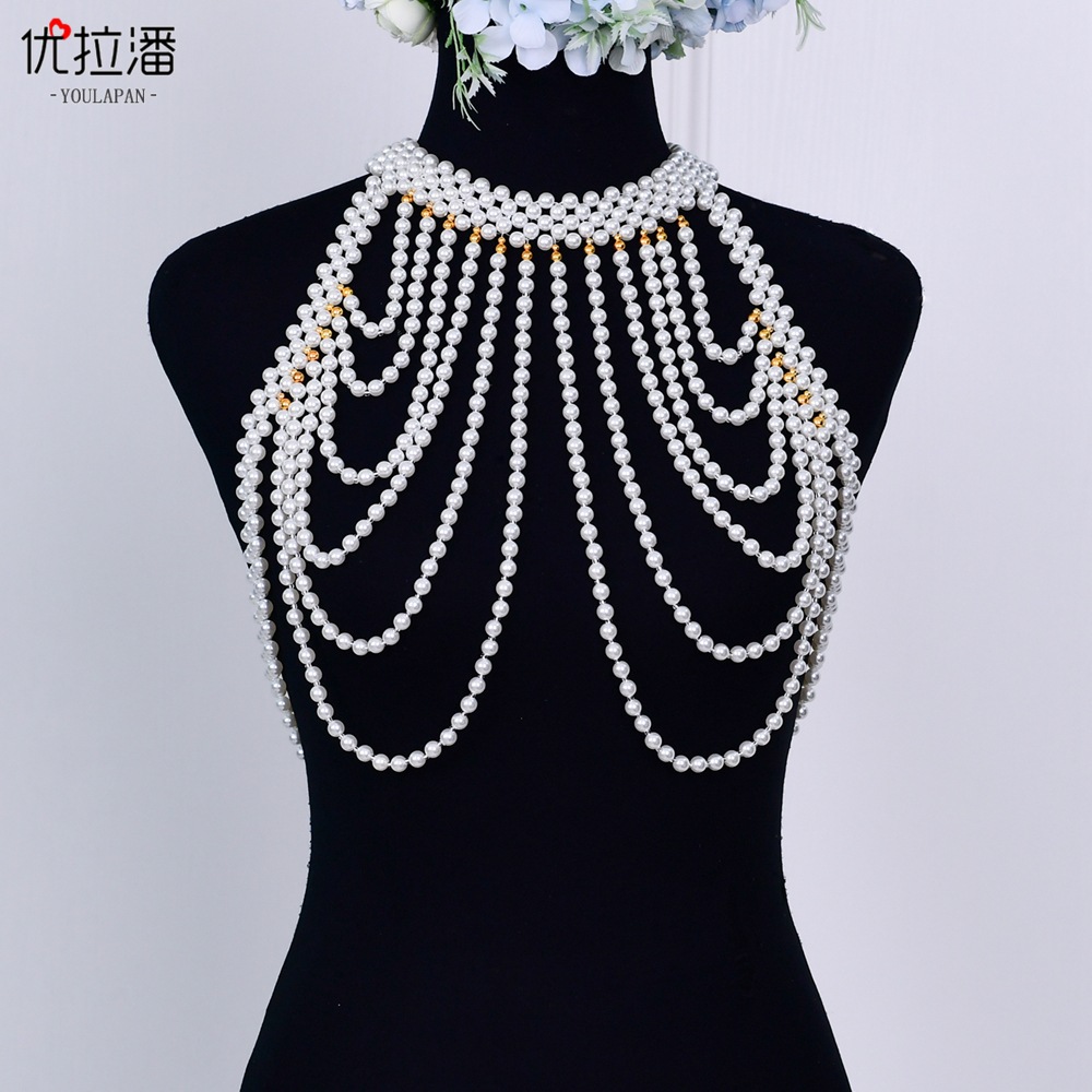 优拉潘 珍珠礼服披肩 手工串珠服装配饰婚纱披风 性感镂空肩链g49
