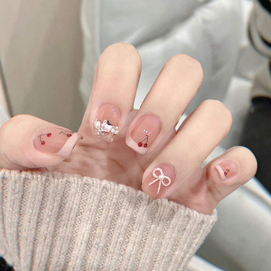 纯手工穿戴甲显白美甲蝴蝶结红色樱桃手绘假指甲贴片成品珍珠亮片