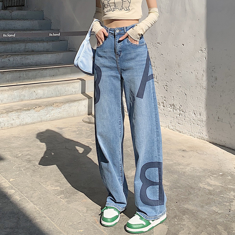牛仔长裤女22新款春季时尚潮流字母印花高腰牛仔裤宽松显瘦阔腿裤