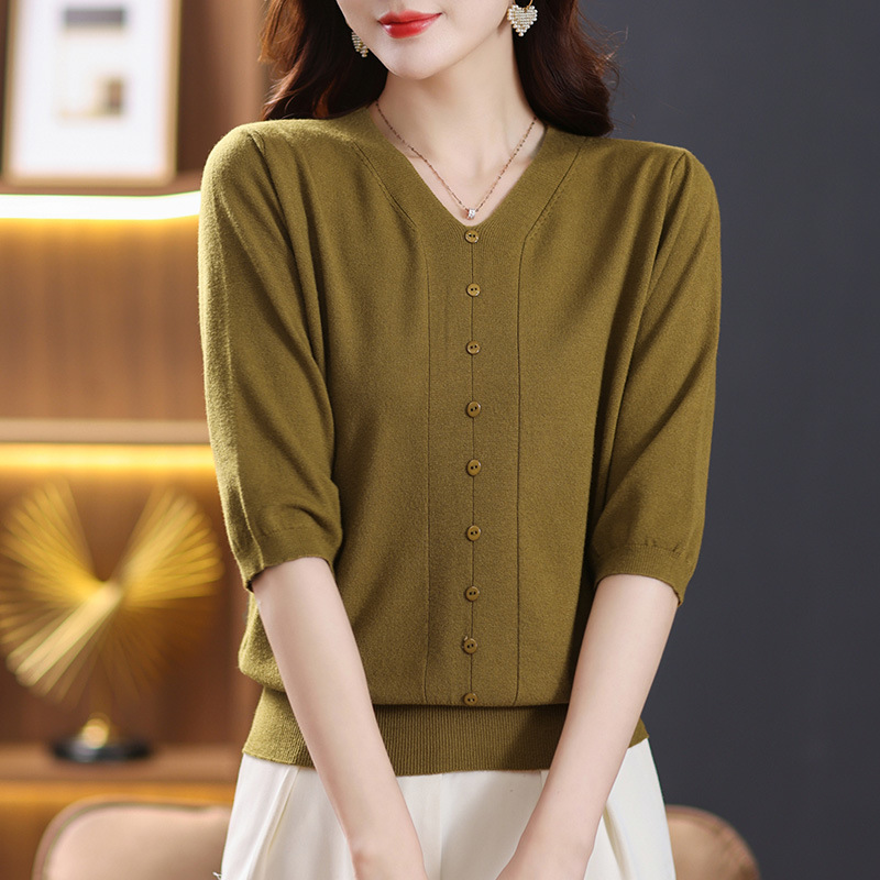 春装七分袖针织衫女小香风上衣2023年春夏爆款中年妈妈v领打底衫