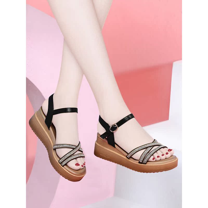 坡跟凉鞋女2021年新款夏季时尚百搭罗马平底增高松糕厚底夏天女鞋