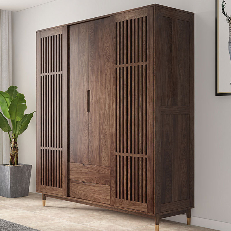 北美黑胡桃格栅衣柜北欧实木家用卧室移门衣橱简约现代推拉门组合