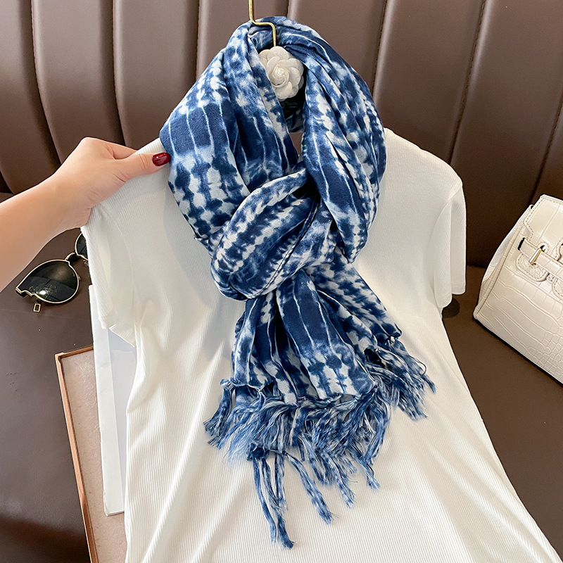 New Spring and Autumn Blue Color Scarf Women's Warm Cotton and Linen Scarf Summer Shawl Seaside Beach Versatile Sunscreen Scarf