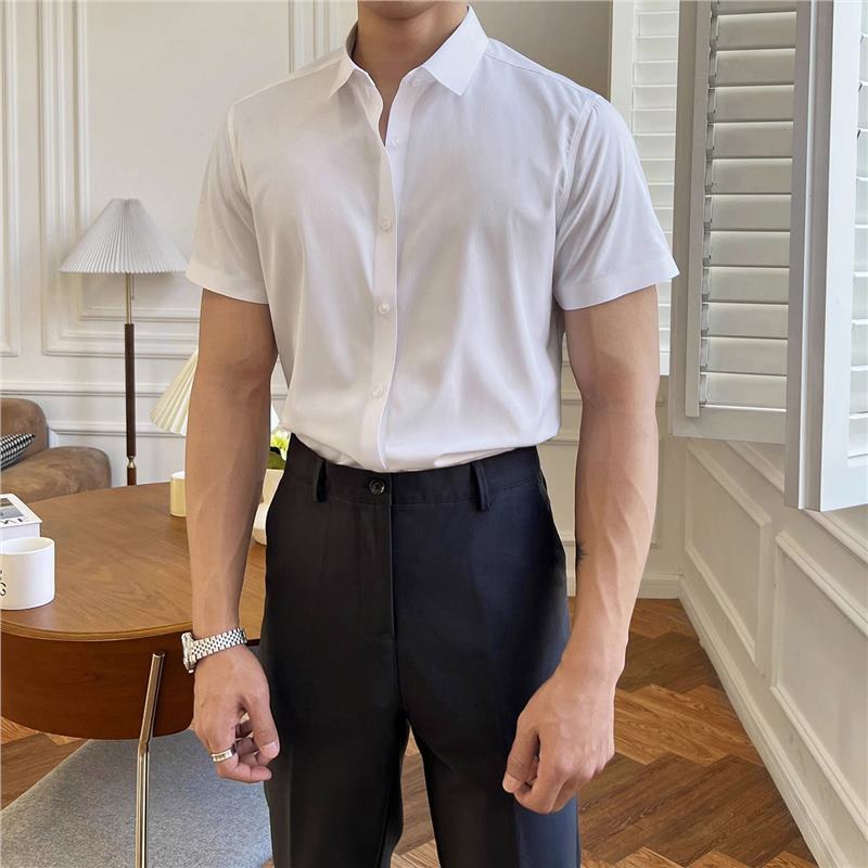 夏季薄款休闲短袖衬衫男士修身房领商务职业正装纯色衬衫帅气男
