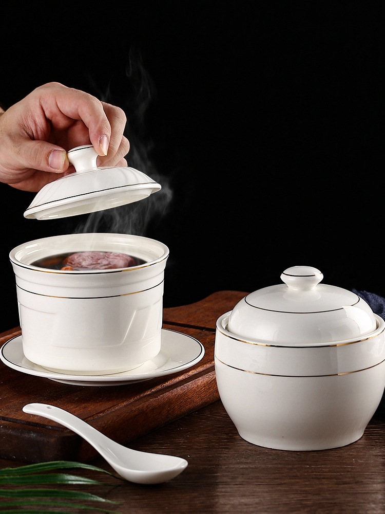 陶瓷隔水炖盅纯白色酒店商用炖煲中式紫砂沙县带盖汤盅金边蒸蛋盅