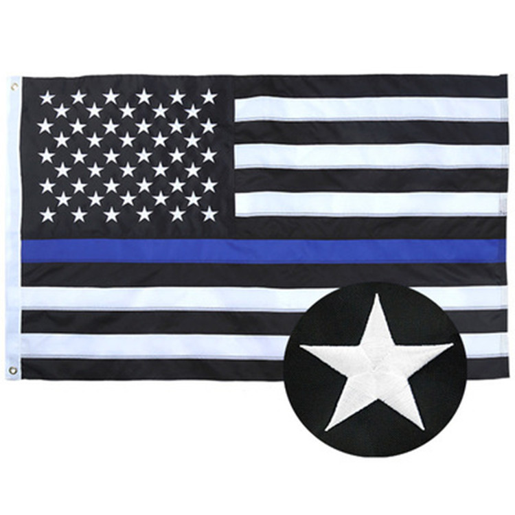 跨境美国旗帜外贸新款美国刺绣国旗警察黑白蓝条旗90*150cm防水旗