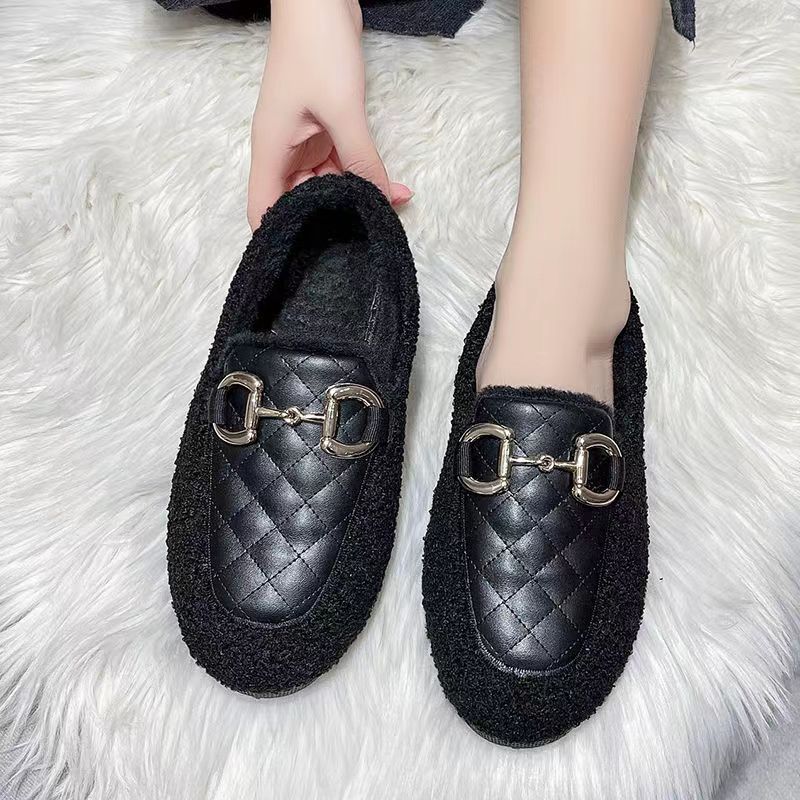 2023 Autumn and Winter New Cotton-Padded Shoes with Velvet Korean Style Slip-on Lofter Soft-Soled Furry Shoes Peas Shoes Slippers