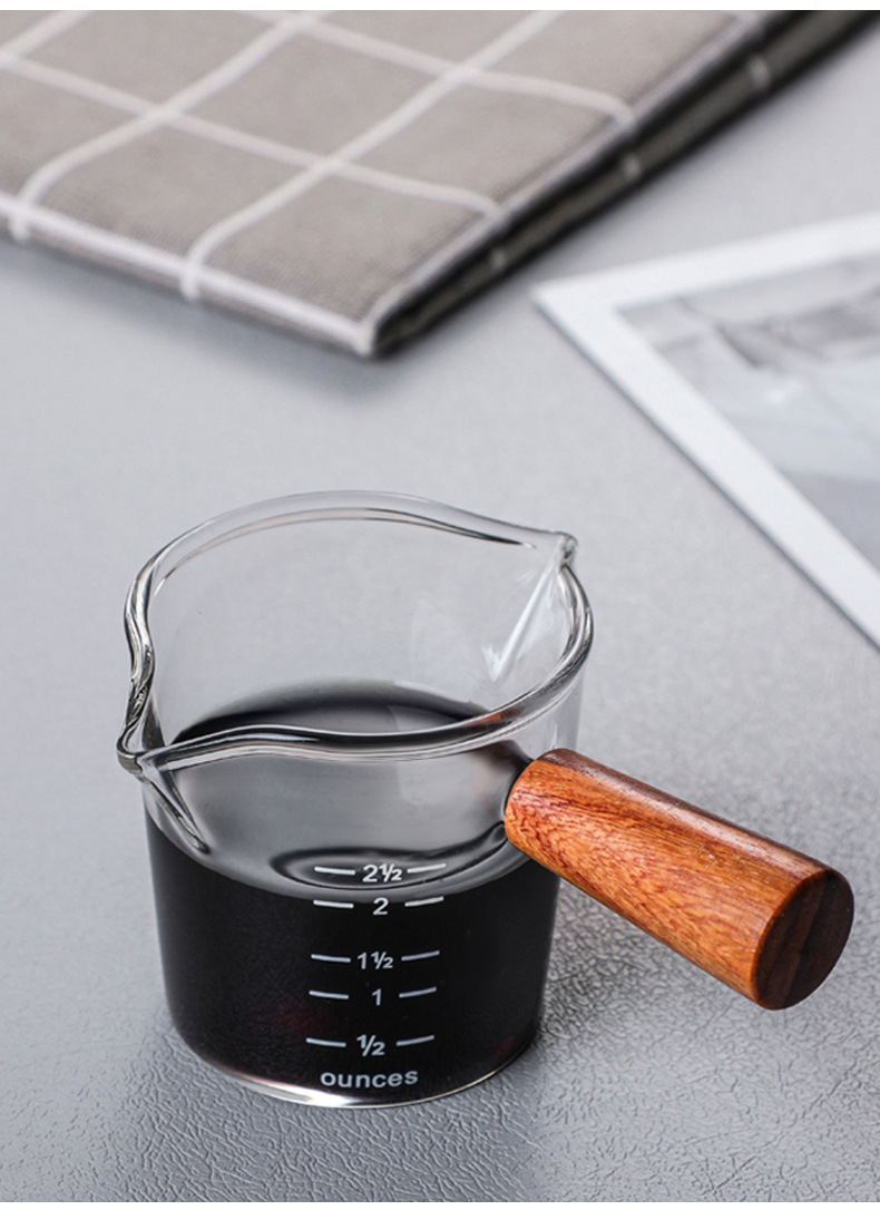 浓缩咖啡杯玻璃迷你手柄带把小奶盅牛奶壶木柄奶缸刻度量杯倒奶罐