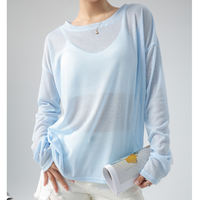 Women's Korean-Style Ins All-Match Long-Sleeved White T-shirt Loose and See-through Thin Spring Ice Silk Pullover Sun Protective Blouse Top