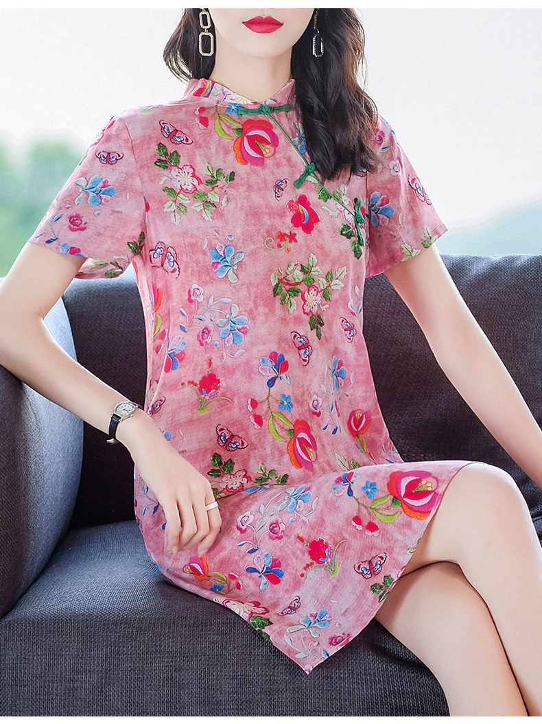 2022春季新款女装桑蚕丝粉色中国风改良旗袍印花真丝连衣裙69090