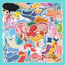 60张海洋世界水族馆贴纸 鱼类海豚螃蟹章鱼儿童自粘装饰卡通贴画