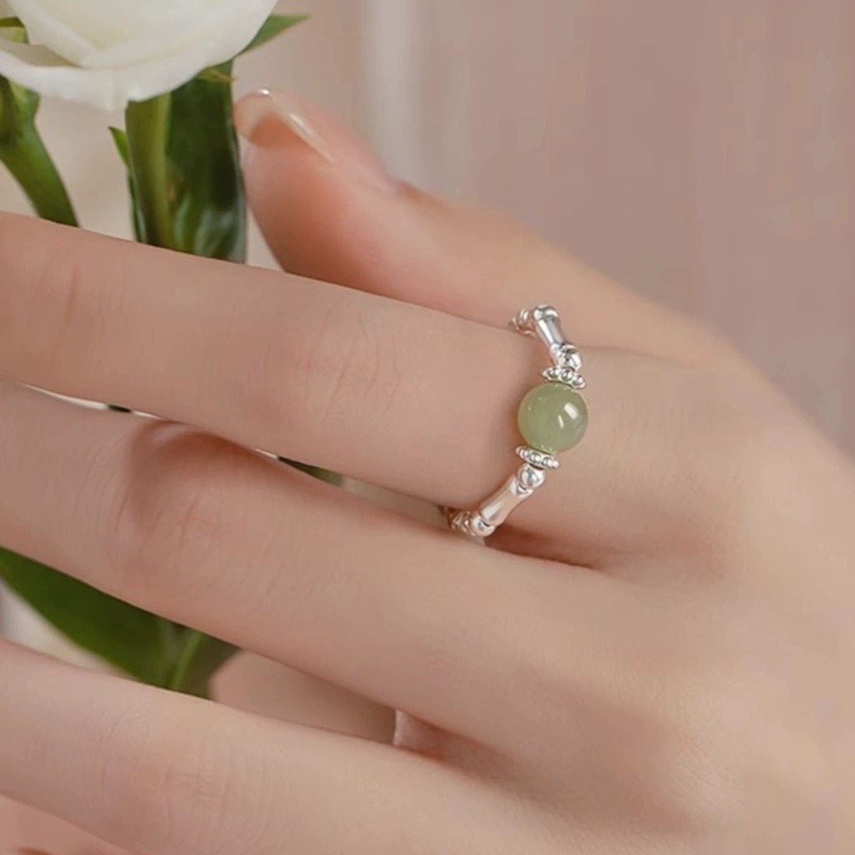 晨汐 碎银子玉石竹节弹力绳戒指国风复古百搭食指指环叠戴学生女