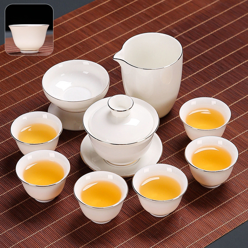 White Jade Kung Fu Tea Set Home Living Room Office Light Luxury Tea High-End Gift Box Cover Teacup Set